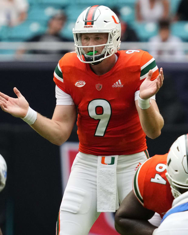 Sep 24, 2022; Miami Gardens, Florida, USA; Miami Hurricanes quarterback Tyler Van Dyke (9) signals behind his offense during the first half against the Middle Tennessee Blue Raiders at Hard Rock Stadium.