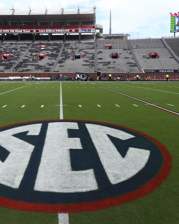 Sep 21, 2024; Oxford, Mississippi, USA; SEC logo on the field at Vaught-Hemingway Stadium before the game between the Georgia Southern Eagles and the Mississippi Rebels.