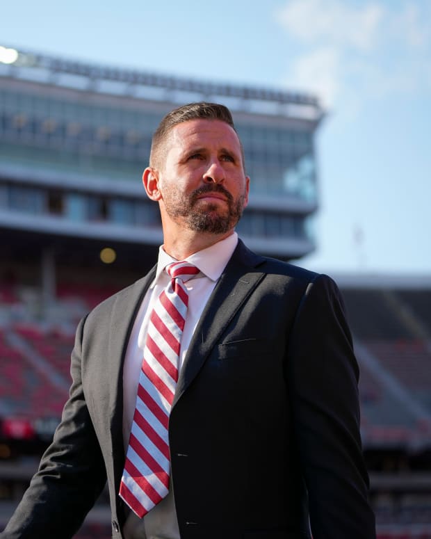 Sep 17, 2022; Columbus, Ohio, USA; Ohio State Buckeyes passing game coordinator Brian Hartline walks across the field prior to the NCAA Division I football game against the Toledo Rockets at Ohio Stadium.