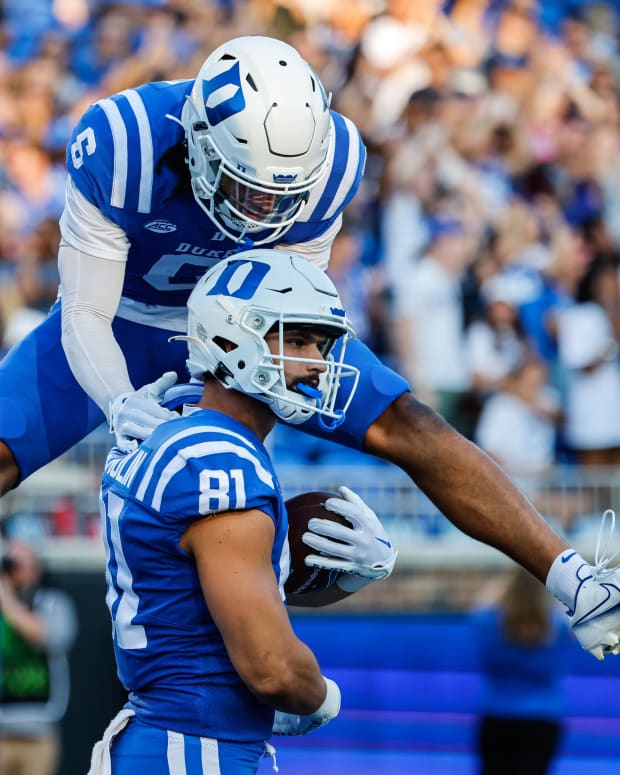 Sep 17, 2022; Durham, North Carolina, USA; Duke Blue Devils tight end Nicky Dalmolin (81) and wide receiver Eli Pancol (6) celebrate after a touchdown against the North Carolina A&T Aggies during first half at Wallace Wade Stadium.