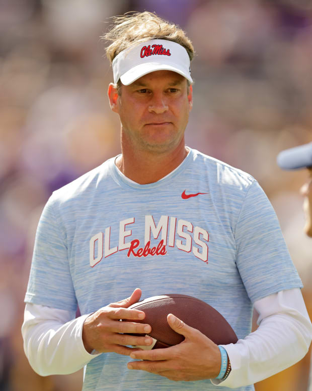 Oct 22, 2022; Baton Rouge, Louisiana, USA; Mississippi Rebels head coach Lane Kiffin looks on during the pregame against the LSU Tigers at Tiger Stadium.