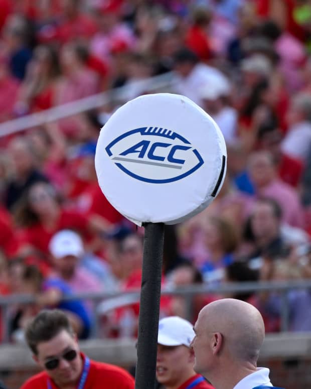 Sep 6, 2024; Dallas, Texas, USA; A view of the ACC logo during the first half of the game between the Southern Methodist Mustangs and the Brigham Young Cougars at Gerald J. Ford Stadium.