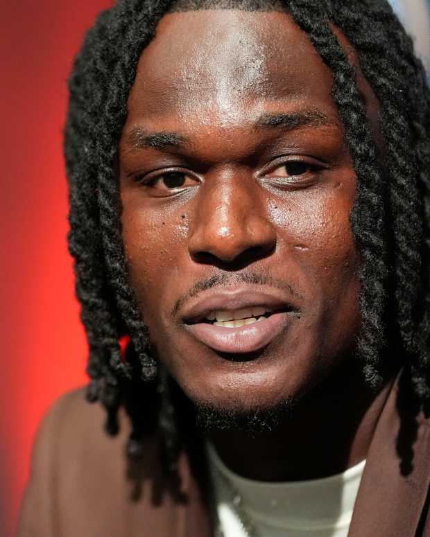 July 16, 2025; Atlanta, GA, USA; Alabama linebacker Deontae Lawson speaks to the media during SEC Media Days at the College Football Hall of Fame in Atlanta.