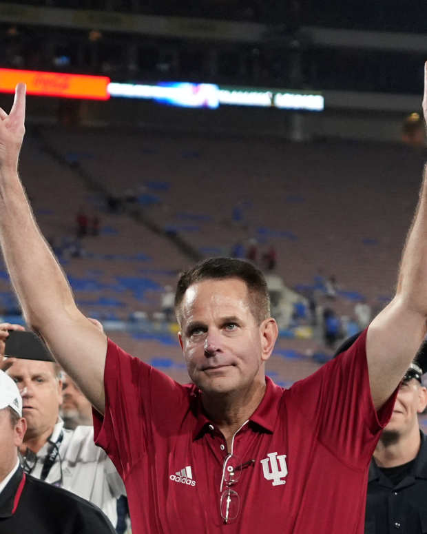 Sep 14, 2024; Pasadena, California, USA; Indiana Hoosiers head coach Curt Cignetti reacts at the end of the game against the UCLA Bruins at Rose Bowl. 