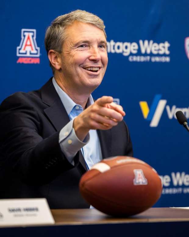 Arizona’s new football head coach Brent Brennan, in an introductory press conference in McKale Center on Tuesday, Jan. 16. Brennan is coming to the UA from San Jose State University and will be the 31st head coach for the Wildcats.