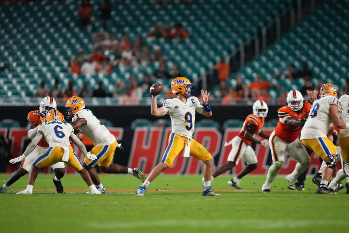 Nov 26, 2022; Miami Gardens, Florida, USA; Pittsburgh Panthers quarterback Kedon Slovis (9) attempts a pass against the Miami Hurricanes during the second half at Hard Rock Stadium.