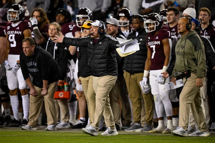 Nov 26, 2022; College Station, Texas, USA; Texas A&M Aggies head coach Jimbo Fisher yells to the referees during the second half against the LSU Tigers at Kyle Field.