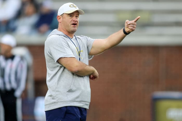 Nov 12, 2022; Atlanta, Georgia, USA; Georgia Tech Yellow Jackets head coach Brent Key on the field before a game against the Miami Hurricanes at Bobby Dodd Stadium.