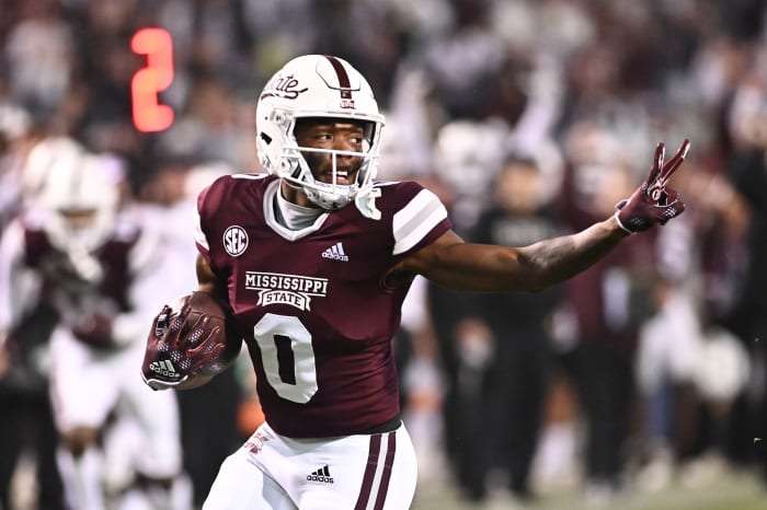 Nov 5, 2022; Starkville, Mississippi, USA; Mississippi State Bulldogs wide receiver Rara Thomas (0) gestures during a run that would result in a touchdown against the Auburn Tigers during the fourth quarter at Davis Wade Stadium at Scott Field.