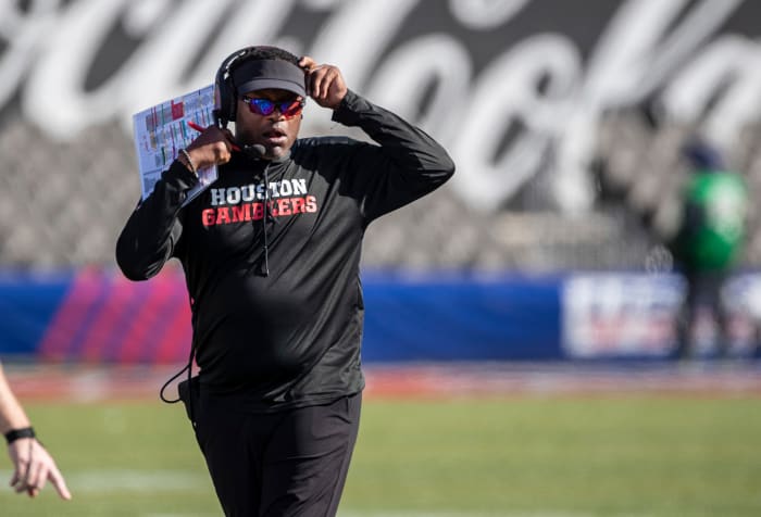 May 8, 2022; Birmingham, AL, USA; Houston Gamblers head coach Kevin Sumlin paces the sidelines during the second half against the New Orleans Breakers at Protective Stadium.