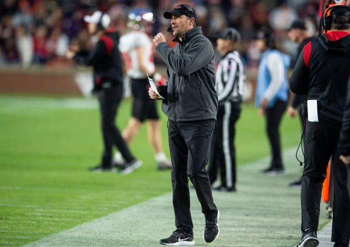 Western Kentucky Hilltoppers head coach Tyson Helton looks on as Auburn Tigers take on Western Kentucky Hilltoppers at Jordan-Hare Stadium in Auburn, Ala., on Saturday, Nov. 19, 2022. Auburn Tigers and Western Kentucky Hilltoppers are tied 17-17 at halftime.