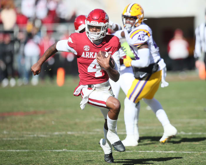 Nov 12, 2022; Fayetteville, Arkansas, USA; Arkansas Razorbacks quarterback Malik Hornsby rushes in the first quarter against the LSU Tigers at Donald W. Reynolds Razorback Stadium.