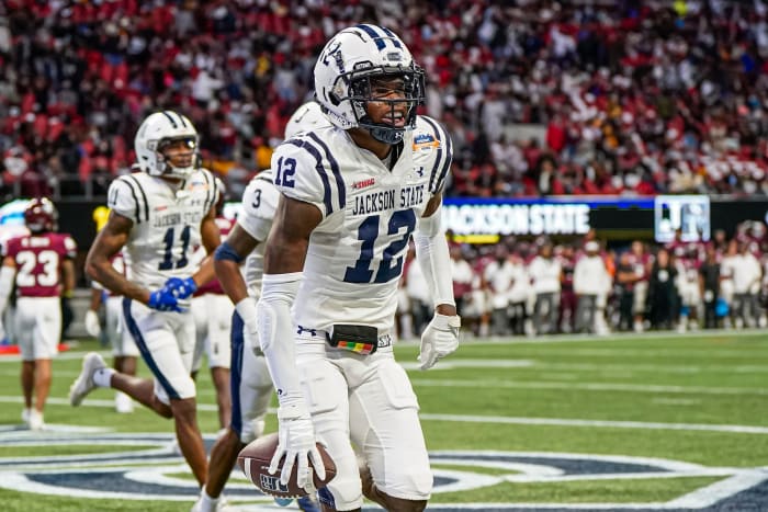 Dec 17, 2022; Atlanta, GA, USA; Jackson State Tigers wide receiver Travis Hunter (12) reacts after catching a touchdown against the North Carolina Central Eagles during the second half during the Celebration Bowl at Mercedes-Benz Stadium.
