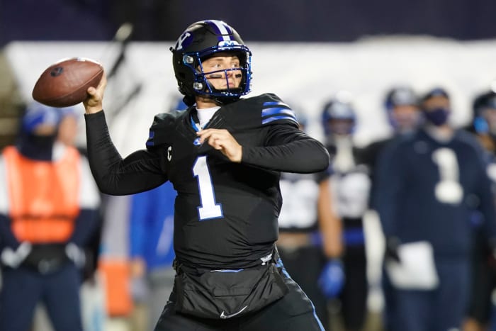 Dec 12, 2020; Provo, UT, USA; BYU quarterback Zach Wilson passes the ball in the first half of an NCAA college football game against San Diego State Saturday, Dec. 12, 2020, in Provo, Utah.