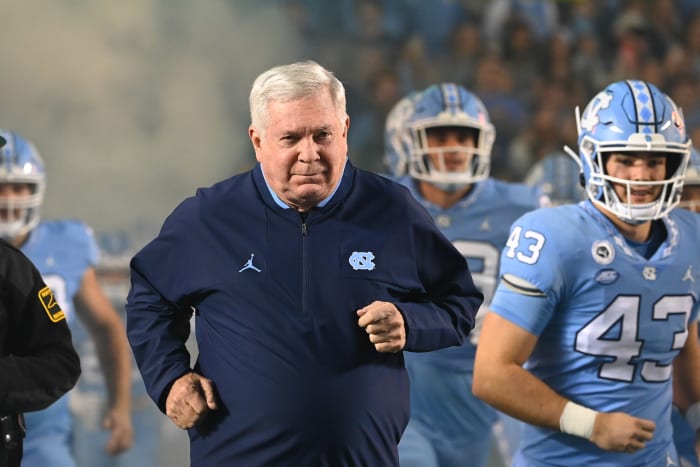 Oct 29, 2022; Chapel Hill, North Carolina, USA; North Carolina Tar Heels head coach Mack Brown runs on to the field before the game at Kenan Memorial Stadium.