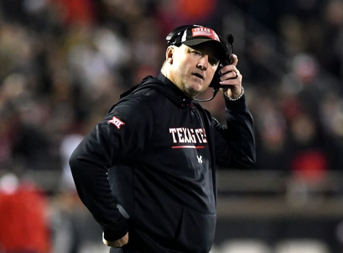 Texas Tech's head coach Joey McGuire calls for a timeout against Oklahoma in their last Big 12 home football game, Saturday, Nov. 26, 2022, Jones AT&T Stadium.