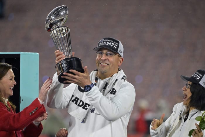 Jan 2, 2023; Pasadena, California, USA; Penn State Nittany Lions head coach James Franklin celebrates with the trophy after defeating the Utah Utes in the 109th Rose Bowl game at the Rose Bowl.