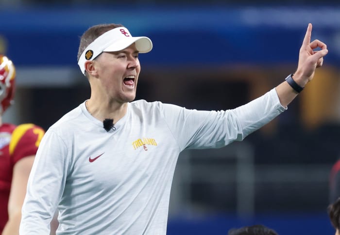 Jan 2, 2023; Arlington, Texas, USA; USC Trojans head coach Lincoln Riley reacts before the game against the Tulane Green Wave in the 2023 Cotton Bowl at AT&T Stadium.