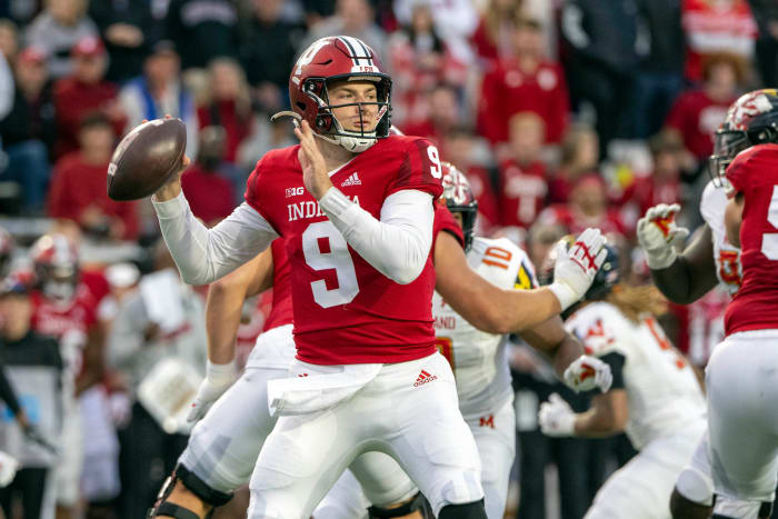 Oct 15, 2022; Bloomington, Indiana, USA; Indiana Hoosiers quarterback Connor Bazelak (9) throws a pass during the second half against the Maryland Terrapins at Memorial Stadium.