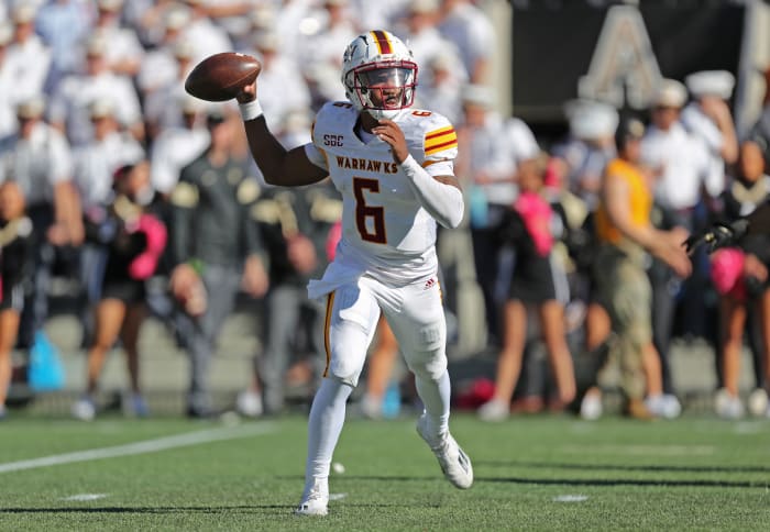 Oct 22, 2022; West Point, New York, USA; Louisiana Monroe Warhawks quarterback Chandler Rogers (6) passes the ball against the Army Black Knights during the second half at Michie Stadium.