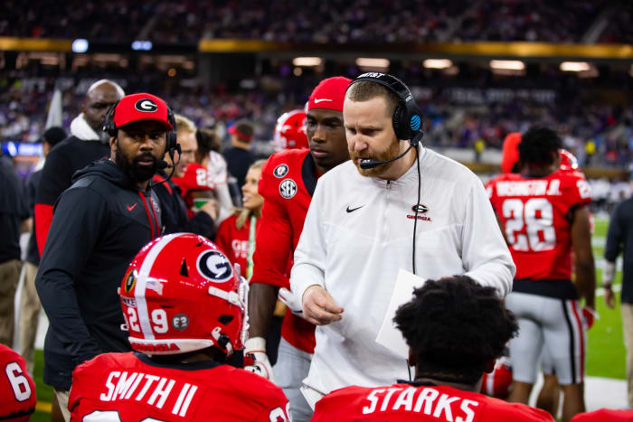 Jan 9, 2023; Inglewood, CA, USA; Georgia Bulldogs co-defensive coordinator and linebackers coach Glenn Schumann against the TCU Horned Frogs during the CFP national championship game at SoFi Stadium.