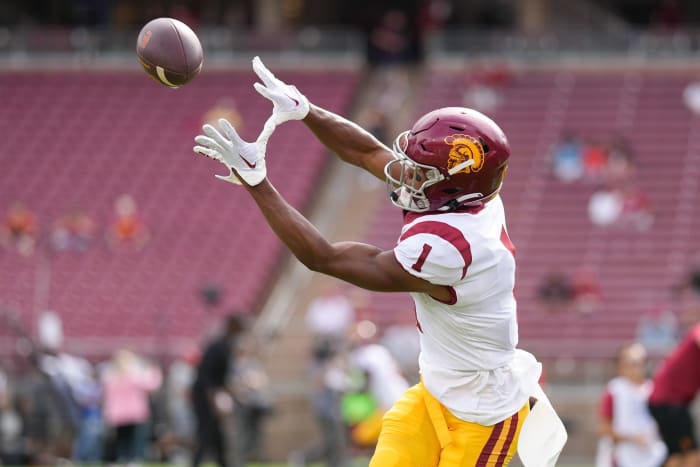 Sep 10, 2022; Stanford, California, USA; USC Trojans wide receiver Gary Bryant Jr. (1) catches the ball during warm ups before the start of the first quarter against the Stanford Cardinal at Stanford Stadium.
