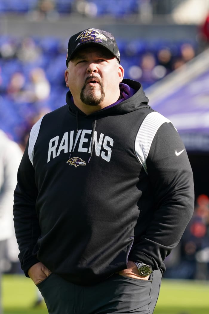 Dec 4, 2022; Baltimore, Maryland, USA; Baltimore Ravens offensive coordinator Greg Roman prior to the game against the Denver Broncos at M&T Bank Stadium.