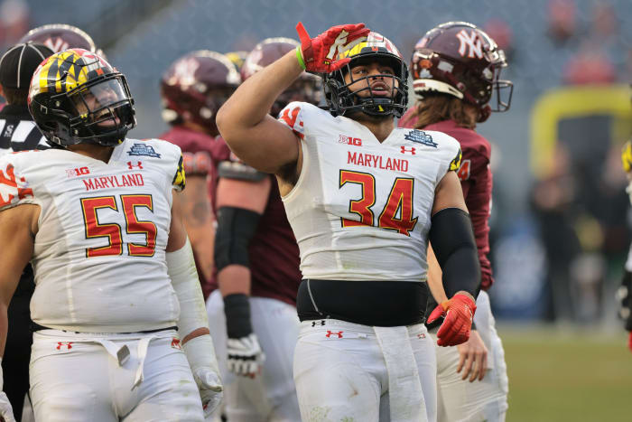 Dec 29, 2021; New York, NY, USA; Maryland Terrapins defensive lineman Mosiah Nasili-Kite (34) celebrates a sack on Virginia Tech Hokies quarterback Connor Blumrick (not pictured) with defensive lineman Ami Finau (55) in the first half during the 2021 Pinstripe Bowl at Yankee Stadium.