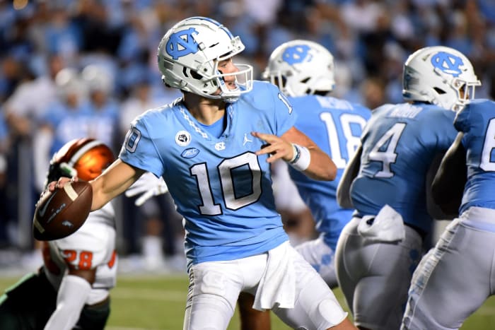 Aug 27, 2022; Chapel Hill, North Carolina, USA; North Carolina Tar Heels quarterback Drake Maye (10) throws the ball against the Florida A&M Rattlers during the second half at Kenan Memorial Stadium.