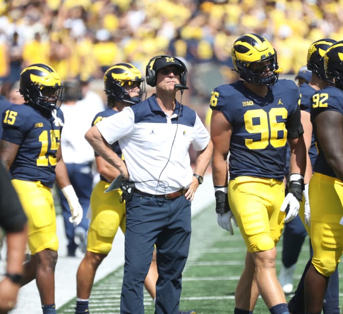 Michigan Wolverines head coach Jim Harbaugh watches action during the 51-7 win against the Colorado State Rams, Saturday, Sept. 3, 2022. Michigan