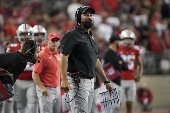 Sep 3, 2022; Columbus, Ohio, USA; Ohio State Buckeyes head coach Ryan Day looks to the scoreboard during the second quarter of the NCAA football game against the Notre Dame Fighting Irish at Ohio Stadium. Mandatory Credit: Adam Cairns-USA TODAY Sports