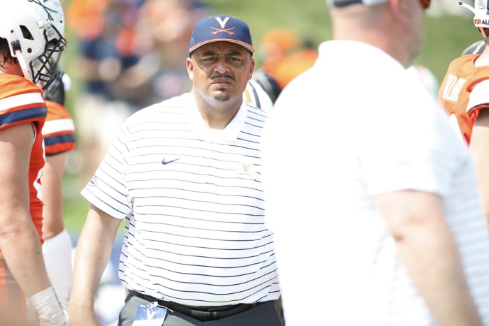 Sep 3, 2022; Charlottesville, Virginia, USA; Virginia Cavaliers head coach Tony Elliott looks on from the sidelines during the second half at Scott Stadium. Mandatory Credit: Amber Searls-USA TODAY Sports