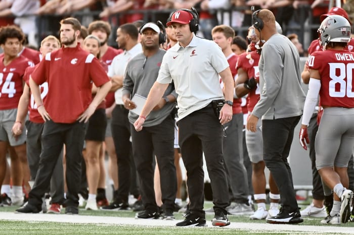 Sep 3, 2022; Pullman, Washington, USA; Washington State Cougars head coach Jake Dickert looks on against the Idaho Vandals in the first half at Gesa Field at Martin Stadium. Mandatory Credit: James Snook-USA TODAY Sports