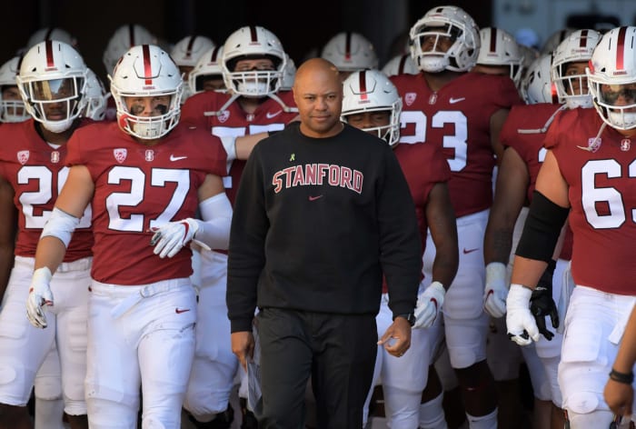 Sep 8, 2018; Stanford, CA, USA; Stanford Cardinal head coach David Shaw leads players onto the field in the first half against the Southern California Trojans at Stanford Stadium. Mandatory Credit: Kirby Lee-USA TODAY Sports
