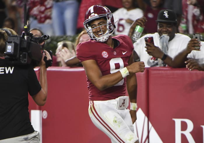 Sep 3, 2022; Tuscaloosa, Alabama, USA; Alabama Crimson Tide quarterback Bryce Young (9) celebrates after scoring a touchdown against the Utah State Aggies at Bryant-Denny Stadium. Alabama won 55-0. Mandatory Credit: Gary Cosby Jr.-USA TODAY Sports