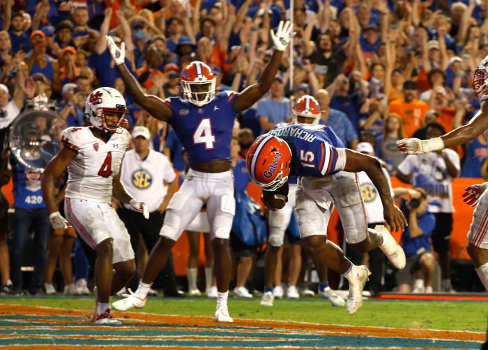 Sep 3, 2022; Gainesville, Florida, USA; Florida Gators quarterback Anthony Richardson (15) scores a touchdown against the Utah Utes during the second half at Steve Spurrier-Florida Field. Mandatory Credit: Kim Klement-USA TODAY Sports