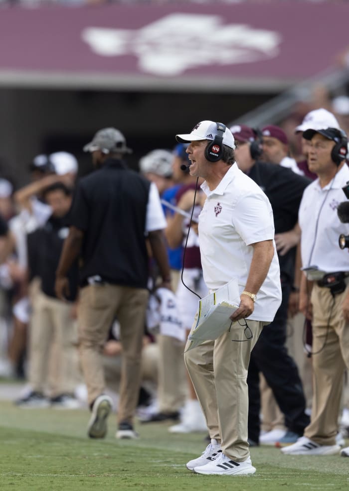 Sep 10, 2022; College Station, Texas, USA; Texas A&M Aggies head coach Jimbo Fisher yells as they play against the Appalachian State Mountaineers in the fourth quarter at Kyle Field. Appalachian State Mountaineers won 17 to 14.