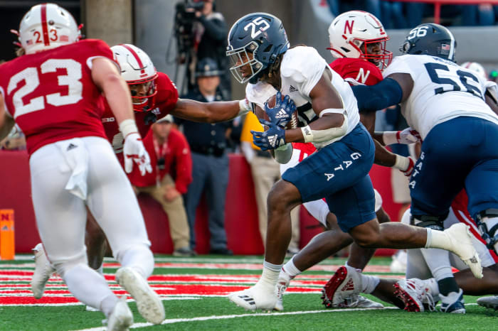 Sep 10, 2022; Lincoln, Nebraska, USA; Georgia Southern Eagles running back Jalen White (25) runs for a touchdown against the Nebraska Cornhuskers during the first quarter at Memorial Stadium.