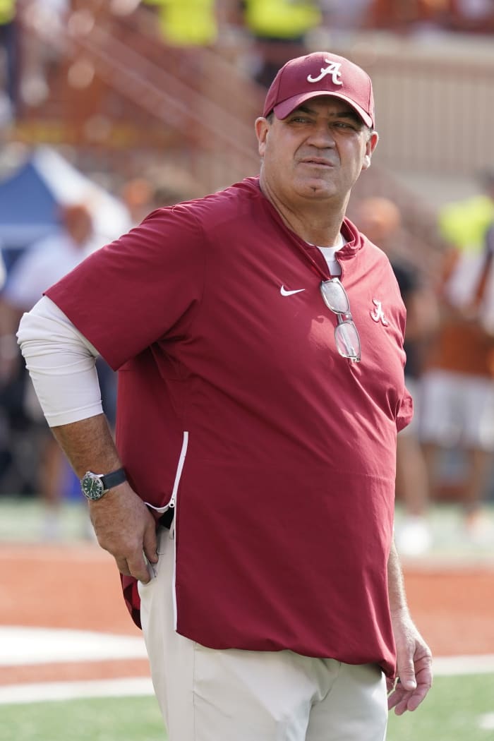 Sep 10, 2022; Austin, Texas, USA; Alabama Crimson Tide offensive coordinator and quarterbacks coach Bill O'Brien before the game against the Texas Longhorns during the first half at at Darrell K Royal-Texas Memorial Stadium.