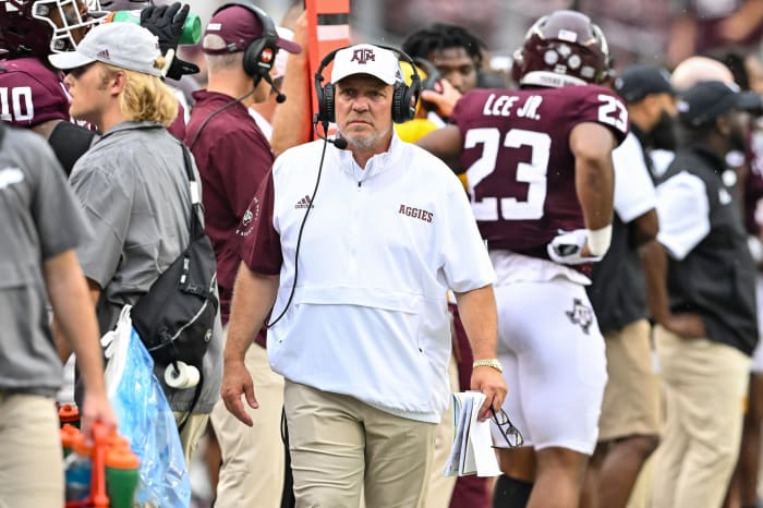 Sep 3, 2022; College Station, Texas, USA; Texas A&M Aggies head coach Jimbo Fisher looks on during the fourth quarter against the Sam Houston State Bearkats at Kyle Field.
