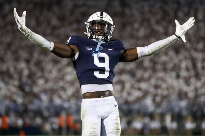 Sep 18, 2021; University Park, Pennsylvania, USA; Penn State Nittany Lions cornerback Joey Porter Jr. (9) hypes of the fans during the fourth quarter against the Auburn Tigers at Beaver Stadium. Penn State defeated Auburn 28-20.
