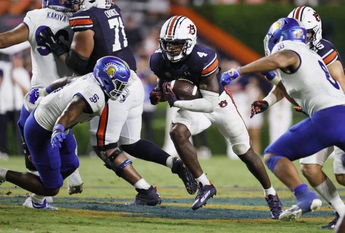 Sep 10, 2022; Auburn, Alabama, USA; Auburn Tigers running back Tank Bigsby (4) carries against the San Jose State Spartans during the fourth quarter at Jordan-Hare Stadium.