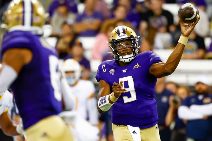 Sep 3, 2022; Seattle, Washington, USA; Washington Huskies quarterback Michael Penix Jr. (9) passes against the Kent State Golden Flashes during the first quarter at Alaska Airlines Field at Husky Stadium.