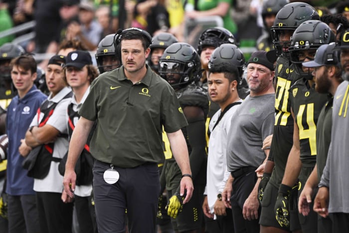 Sep 17, 2022; Eugene, Oregon, USA; Oregon Ducks head coach Dan Lanning watches the game from the sidelines during the first half against the Brigham Young Cougars at Autzen Stadium. Oregon won the game 41-20.