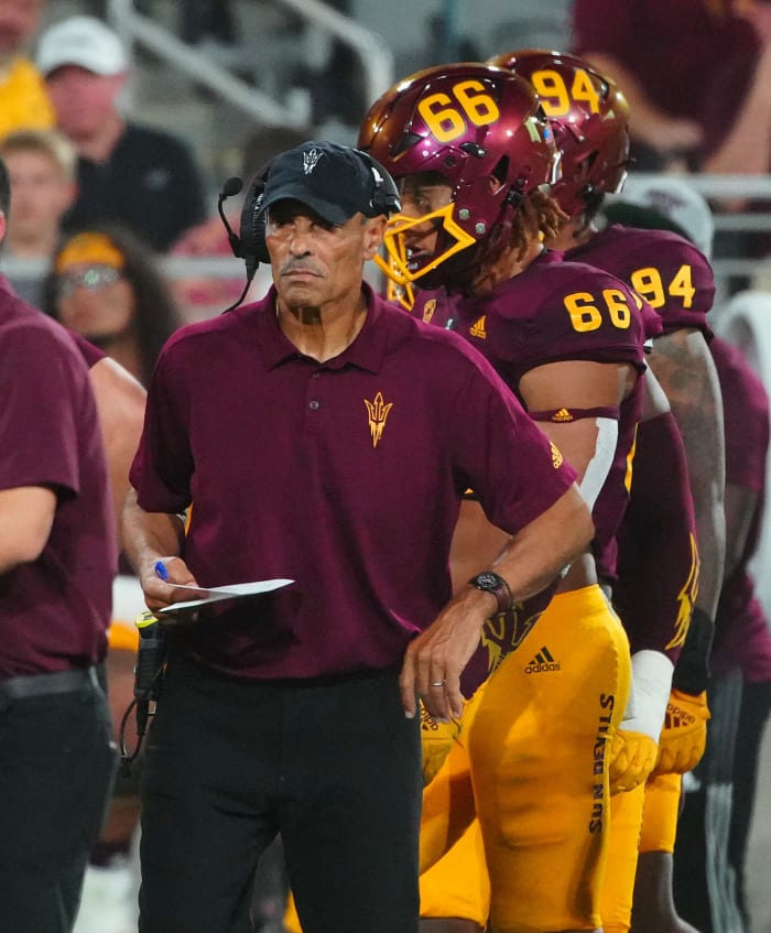 September 17, 2022; Tempe, Arizona; USA; Arizona State Sun Devils head coach Herm Edwards calls a timeout during a game against the Eastern Michigan Eagles at Sun Devil Stadium.