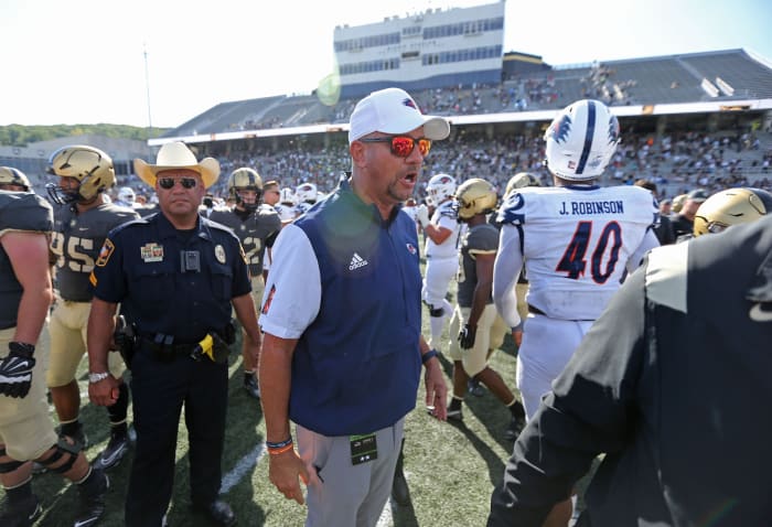 Sep 10, 2022; West Point, New York, USA; UTSA Roadrunners head coach Jeff Traylor celebrates a win against the Army Black Knights at Michie Stadium.