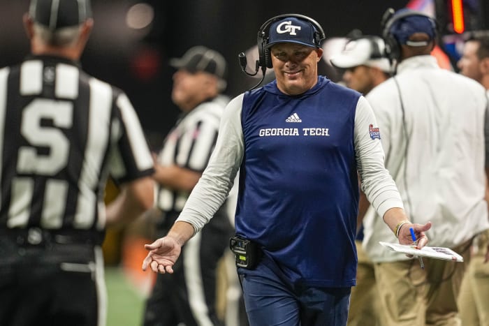 Sep 5, 2022; Atlanta, Georgia, USA; Georgia Tech Yellow Jackets head coach Geoff Collins reacts after a call during the game against the Clemson Tigers during the second half at Mercedes-Benz Stadium.
