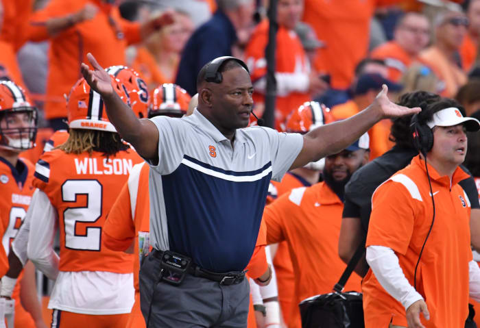 Sep 17, 2022; Syracuse, New York, USA; Syracuse Orange head coach Dino Babers reacts to a play against the Purdue Boilermakers in the third quarter at JMA Wireless Dome.