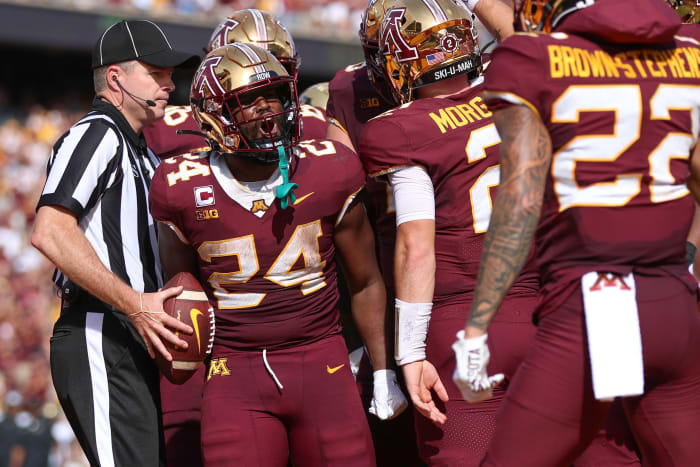 Sep 17, 2022; Minneapolis, Minnesota, USA; Minnesota Golden Gophers running back Mohamed Ibrahim (24) celebrates a touchdown against the Colorado Buffaloes during the second quarter at Huntington Bank Stadium.