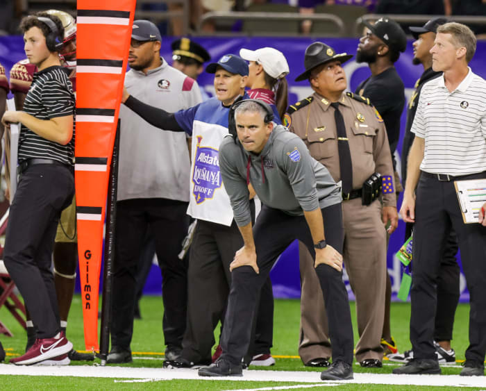 Sep 4, 2022; New Orleans, Louisiana, USA; Florida State Seminoles head coach Mike Norvell looks on against the LSU Tigers during the second half of the game at Caesars Superdome.